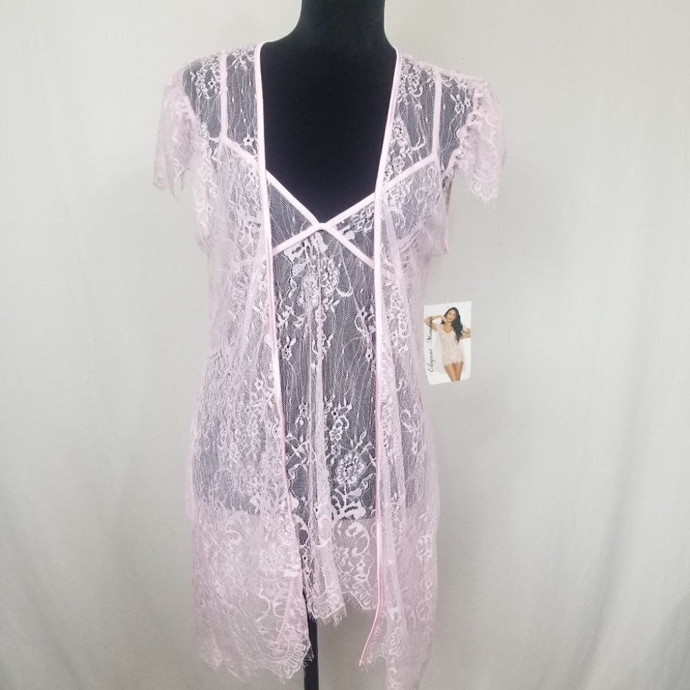 Elegant Moments Pink Lace Peignoir set. Babydoll and Matching Robe